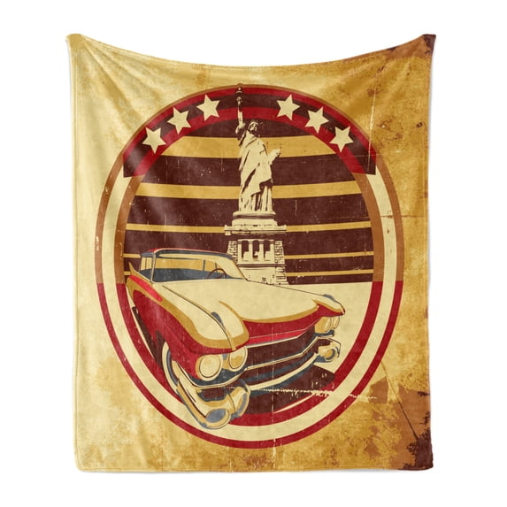 Vintage Car Soft Flannel Fleece Throw Blanket, Vintage Car Image American of Liberty on Old Paper Print, Cozy Plush for Indoor and Outdoor Use, 50" x 70", Yellow Red Brown, by Ambesonne