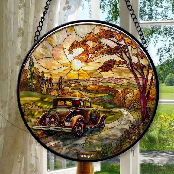 Vintage Car Stained Glass Suncatcher Stained Glass Window Hangings Birthday Gift for Mom Grandma Teacher Women Friend Christmas, Stained Glass Ornament 2025, Holiday Decoration,