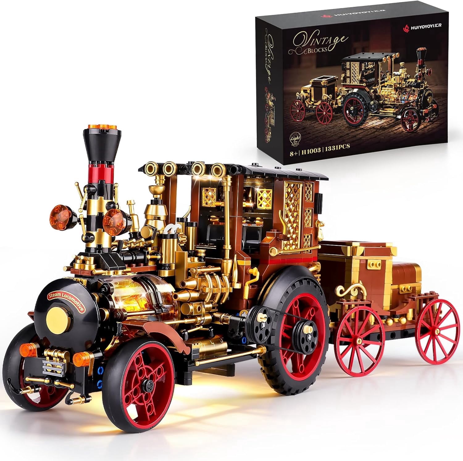Vintage Car Steam Engine Building Blocks Set with Lights, Western Retro Steam Tractor Locomotive Model Building Kit for Vintage & West Lovers