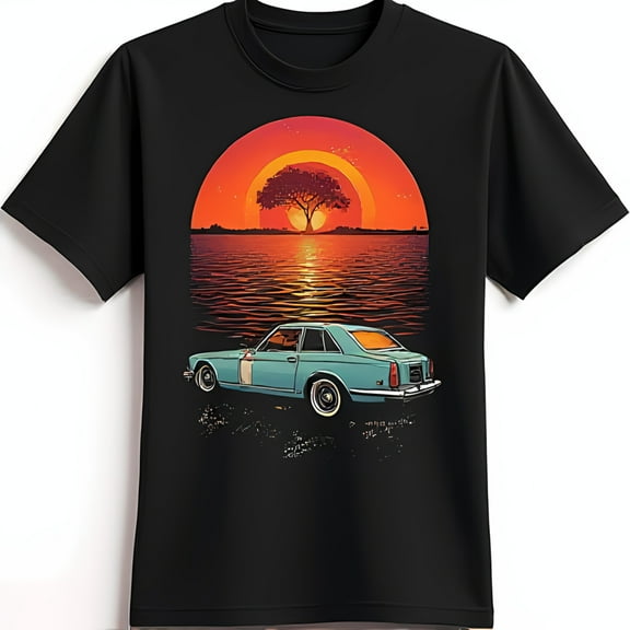 Vintage Car Sunset Adventure Graphic T-Shirt Classic Design with Tree