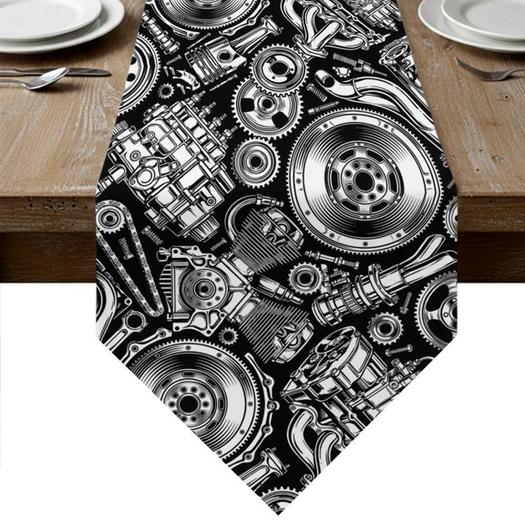 Vintage Car Table Runner Linen Burlap Table Runner 36 Inches Small Automobile Car Parts Engine Print Black Dresser Scarves for Kitchen Island Coffee Dining Room Party Wedding Holiday Decor 13"x36"