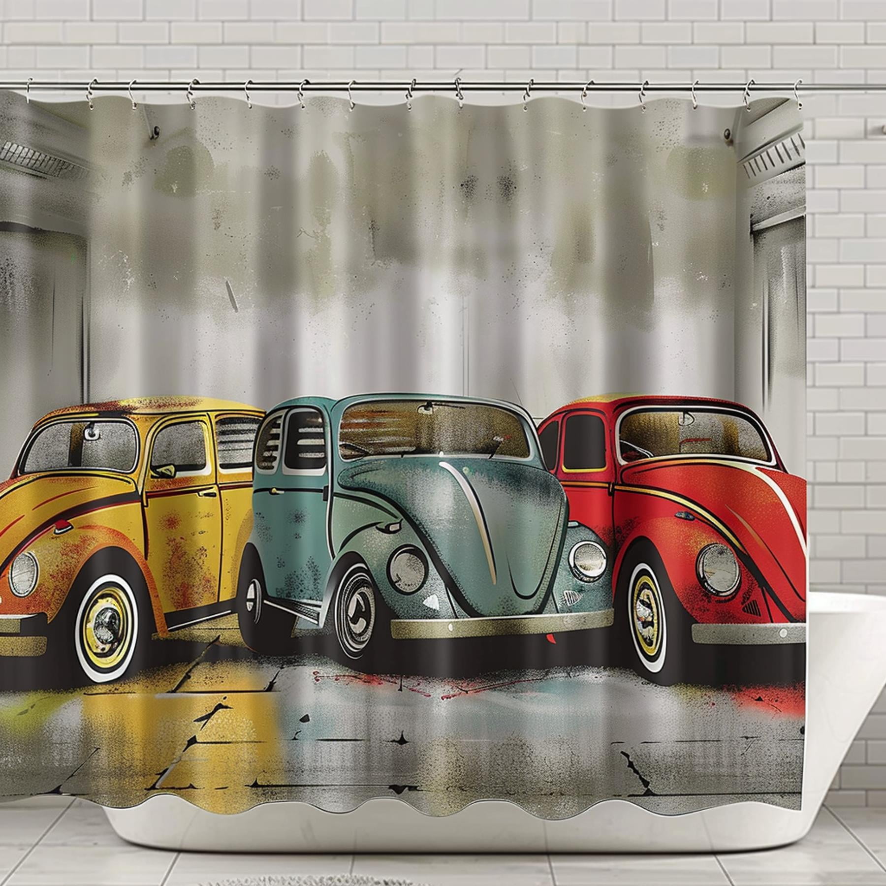 Vintage Car Themed Bathroom Curtain with Leonardo da Vinci Style Cars