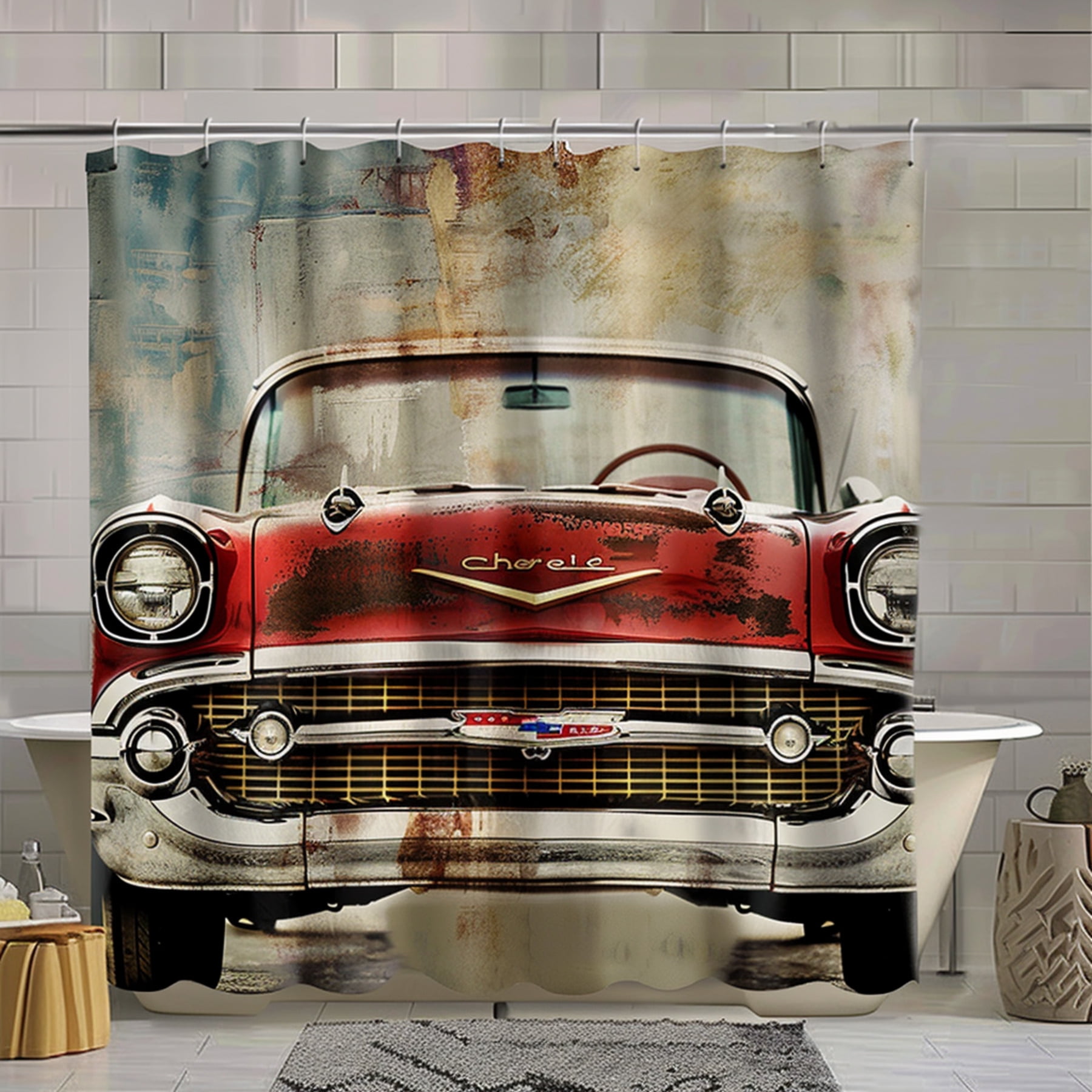Vintage Car Themed Shower Curtain Retro Red Chevrolet Design for