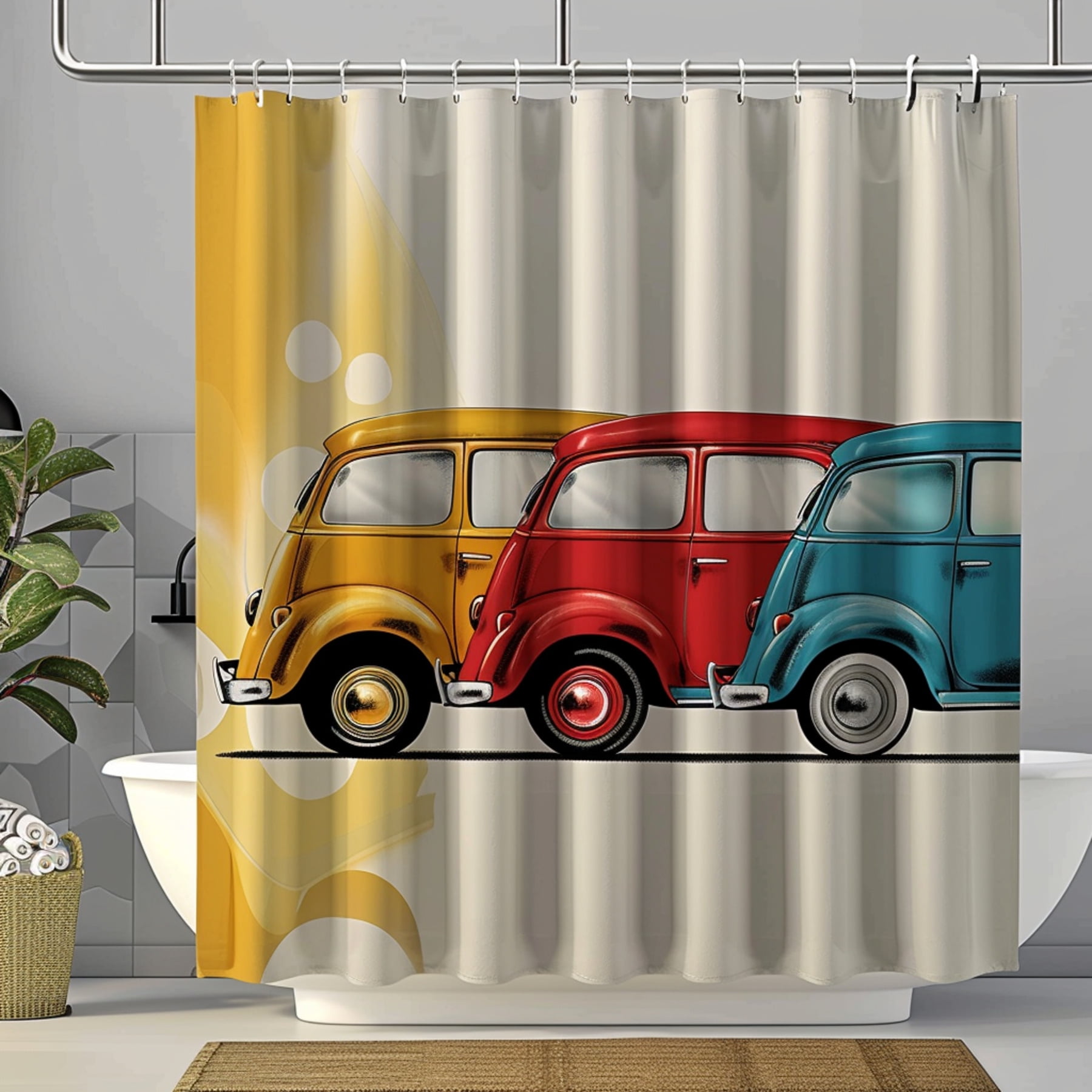 Vintage Car Themed Shower Curtain Retro Style Bathroom Decor with Red