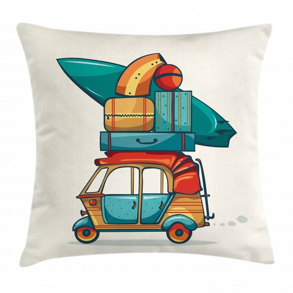Vintage Car Throw Pillow Cushion Cover, Cartoon Style Automobile Rickshaw with Summer Vacation Luggage and Surfboard, Decorative Square Accent Pillow Case, 24 X 24 Inches, Multicolor, by Ambesonne