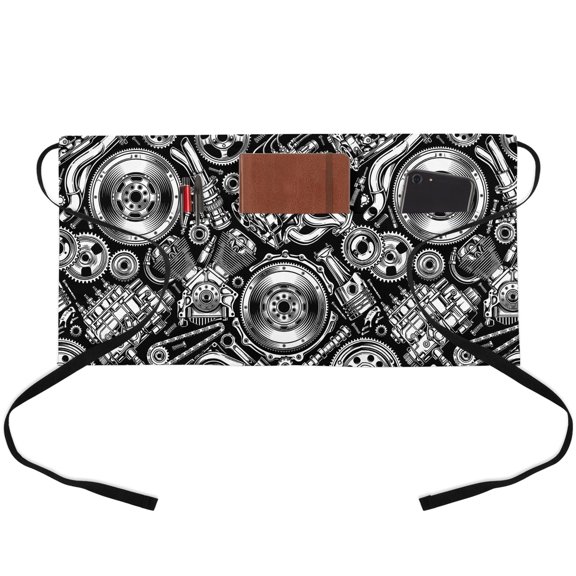 Vintage Car Waitress Apron with 3 Pockets, Automobile Car Parts Engine Print Black Server Aprons Waterproof Kitchen Restaurant Half Waist Apron for Men Women