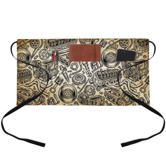 Vintage Car Waitress Apron with 3 Pockets, Automobile Car Parts Engine Print Brown Server Aprons Waterproof Kitchen Restaurant Half Waist Apron for Men Women
