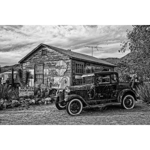 Vintage Car in Front of Old Gas Station Poster Print - Vintage Photo Archive (36 x 24)