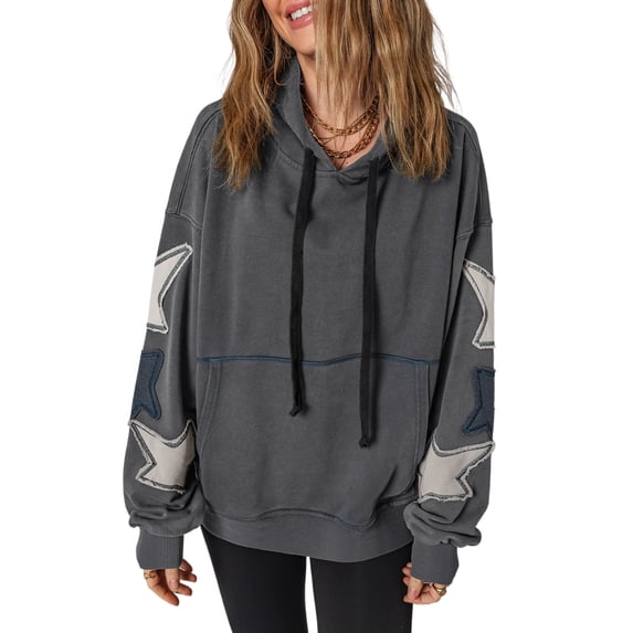 Y2K Retro Style Star Patchwork Hoodie for Women, Carbon Grey Mineral Wash Long Sleeve Pullover | L