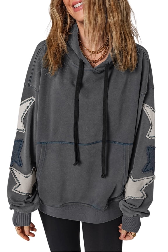 Women's Vintage Star Patchwork Hoodie, Carbon Grey Mineral Wash Pullover Sweatshirt with Kangaroo Pocket | XL