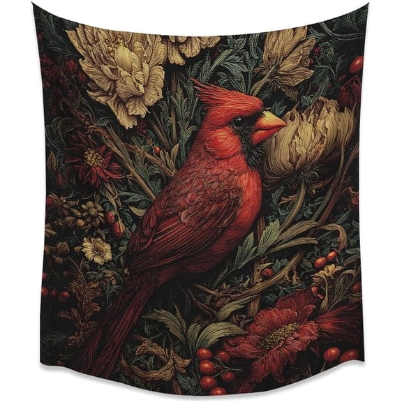 Vintage Cardinal Bird Floral Art Print tapestry Moody Victorian Botanical Wall Art Decor For Bedroom Living Room Study Library Home Officewhite30x40inch
