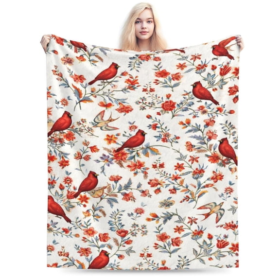 Vintage Cardinal Bird Floral Throw Blanket, Soft Cozy Decorative Blanket for Sofa Couch Bed, Elegant Nature-Inspired Home Decor Gift 50x40