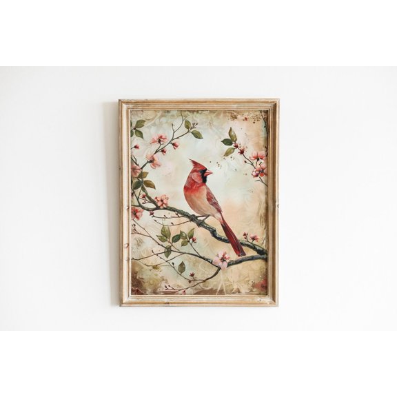 Vintage Cardinal Bird poster, Neutral Farmhouse Nature Wall Art, Antique Moody Animal, Woodland Rustic Nursery Unframed Paper Print