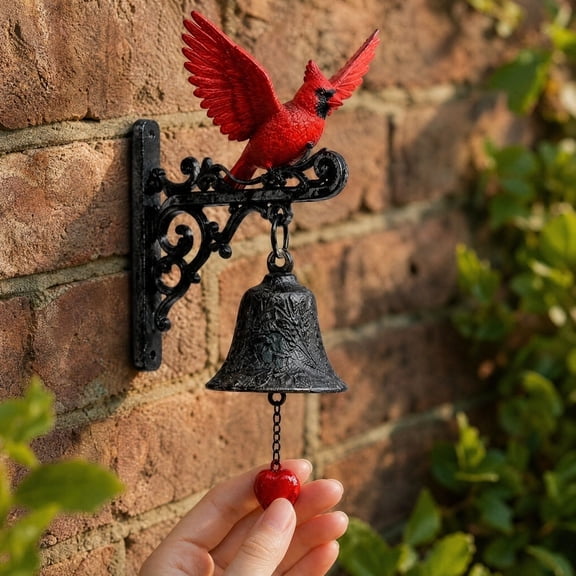 Vintage Cardinal Wall Hanging Bell with Heart Pendant, Decorative Cardinal Bird Wall Hanging Wind Bell, Unique Housewarming & Memorial Holiday Gift for Garden Lovers