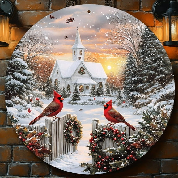 Vintage Cardinal Winter Church Plaque - 2D Flat Wall Art Featuring Snowy Scene, Red Birds & Holly | Perfect Christmas Gift