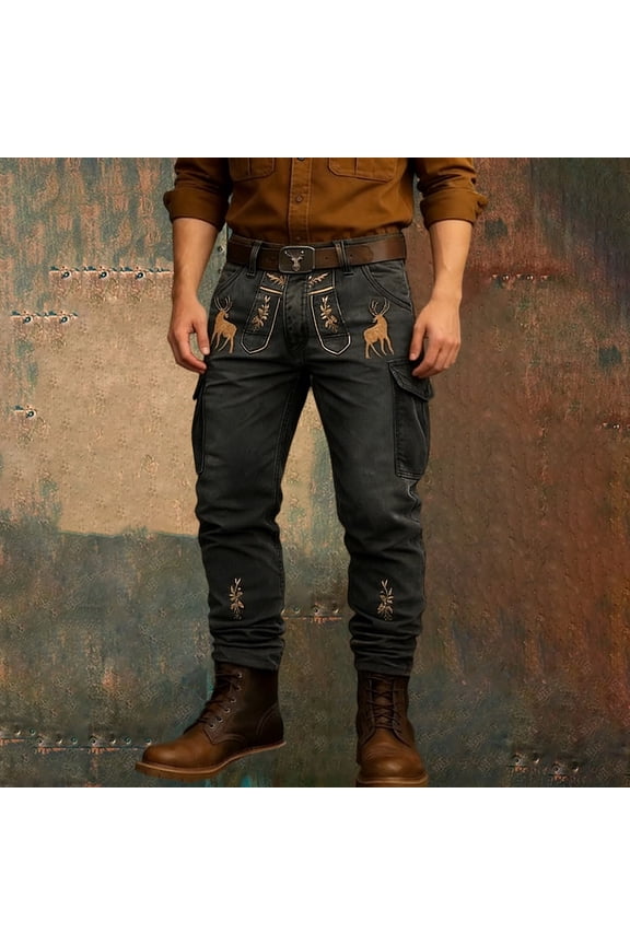 Vintage Cargo Pants for Men Western Cowboy Outdoor Work Casual Long Trousers Spring Black M