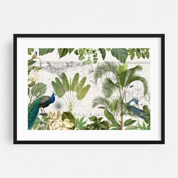 Vintage Caribbean Tropical Journey - Illustration Botanical Tropical Vintage Bird Floral Nature Map Black Framed Wall Art Print 12 x 18 inches