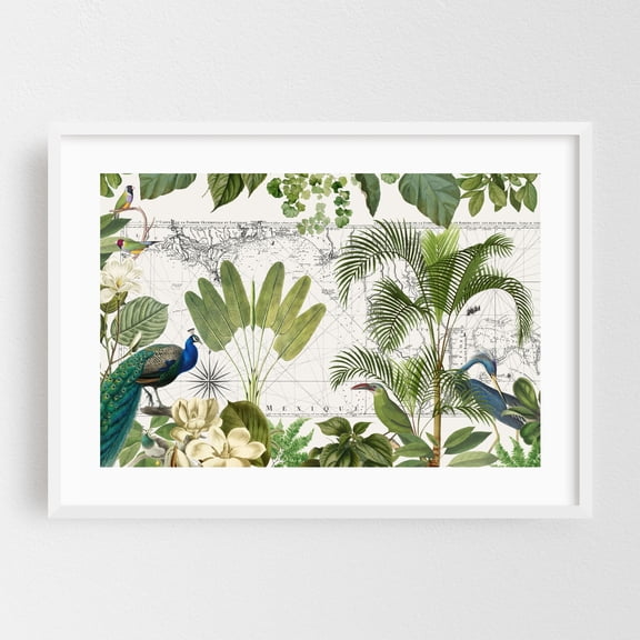 Vintage Caribbean Tropical Journey - Illustration Botanical Tropical Vintage Bird Floral Nature Map White Framed Wall Art Print 16 x 24 inches
