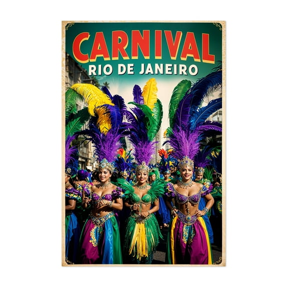 Vintage Carnival in Rio Illustration | Brazilian Festival Art - Rio de Janeiro State of Rio de Janeiro Brazil Illustration Carnival Travel Poster Tropical Unframed Wall Art Print 40 x 60 inches