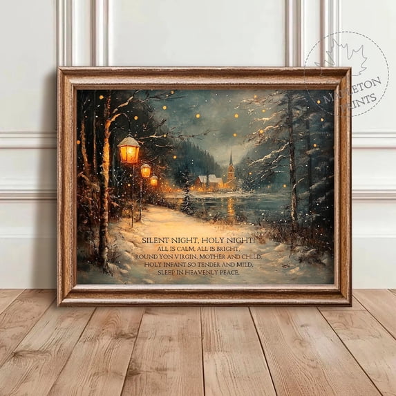 Vintage Carol Print Snowy Church Landscape Art, Stretched Canvas 8x10in