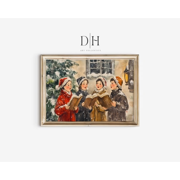 Vintage Carolers Poster Festive Winter Artwork, Unframed Canvas Size 16x24