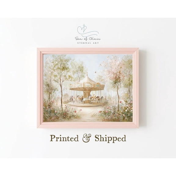 Vintage Carousel Art Poster Pastel Floral Garden – Baby Girl Romantic Cottagecore Wall Decor, Shabby Chic Horses Nursery Artwork, Unframed Poster Size 8x12 F03.1.18l1300