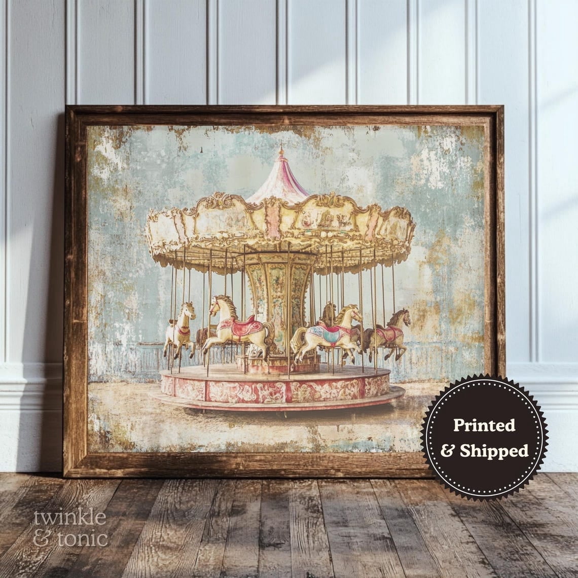Vintage Carousel Art Print Whimsical Nursery Wall Decor Rustic Baby ...