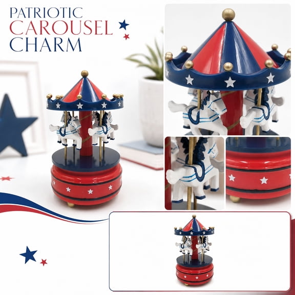 Vintage Carousel Music Box, Red White Blue Merry Go Round Horses, Musical Figurine for Home Decor, Independence Day Style Gift