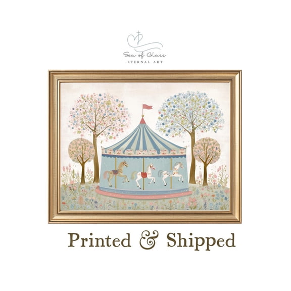 Vintage Carousel Wall Art Poster Whimsical Horse Artwork, Pastel Gender Neutral Nursery and Room Decor, Mailed Print Poster, Unframed Poster Size 8x12 F03.1.18l1275