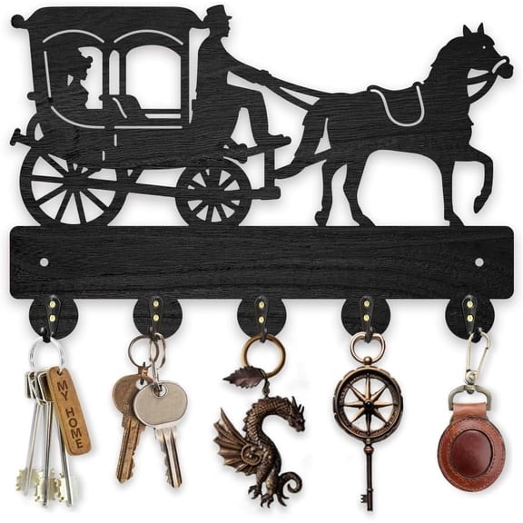 Vintage Carriage Key Hook Wooden Retro Lady Gentleman Wall Decor Key Hook 11.8x7.8inches Carriage Pattern Wall Mounted Hanger Art Decor 5 Alloy Hooks for Bag Clothes Towel Hanging Gift