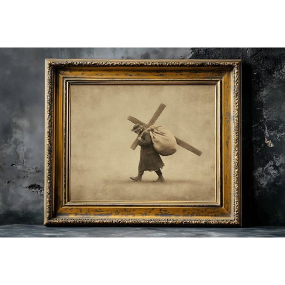 Vintage Carrying Heavy Cross Dark Moody Wall Art Art
