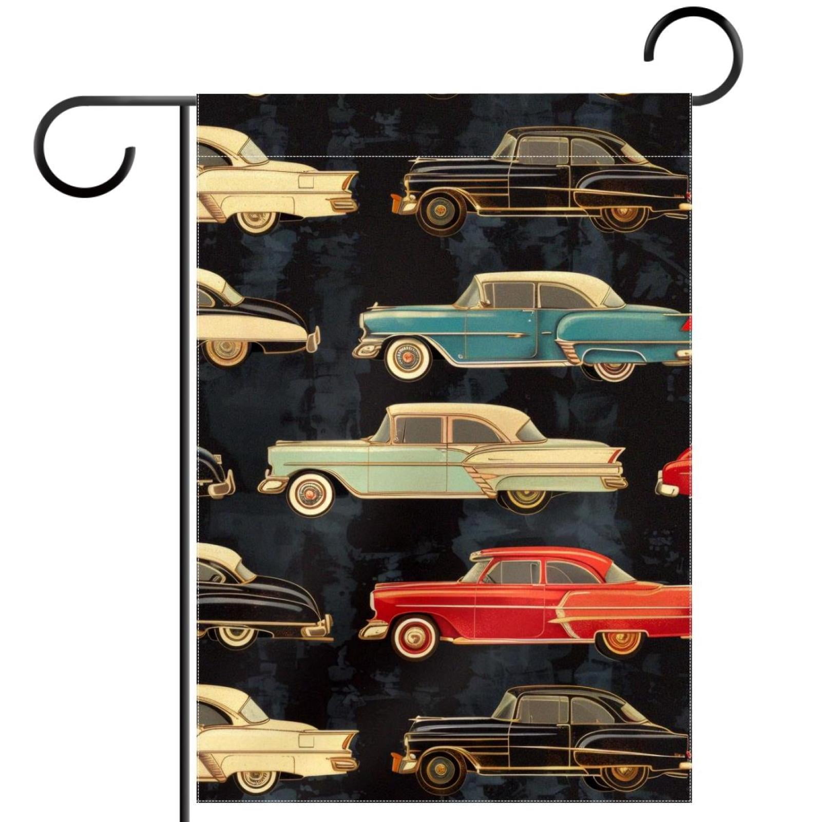 Vintage Cars on Black Background Double Sided Garden Flag Decorative Weather Resistant Yard Flag, Large DIY Vertical Flag for Farmhouse Patio Lawn, 28x40 Inch