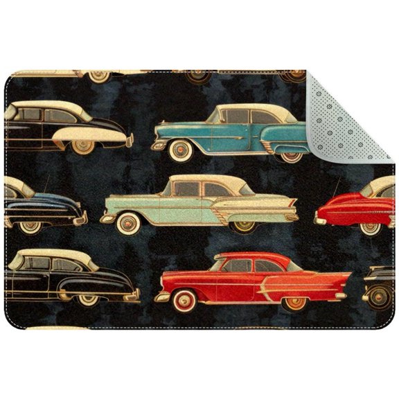 Vintage Cars on Black Background Small Area Rug, Non-Slip Door Mat Indoor Floor Mat, Washable Kitchen Rug Entrance DMat for Bedroom Living Room