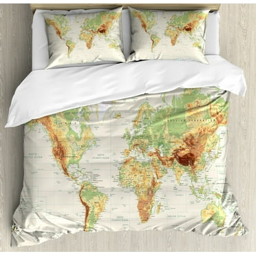 Vintage Cartography Duvet Cover Set, Detailed Physical World Map Print, Decorative 3 Piece Bedding Set with 2 Pillow Shams, Calking Size, Ivory Multicolor, by Ambesonne