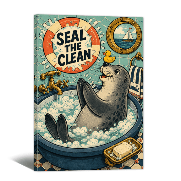 Vintage Cartoon Canvas Wall Art Funny Seal The Clean Bath Picture Prints, Abstract Bathroom Animal Artwork Paintings for Living Room Bedroom Toilet Apartment Home Wall Decor
