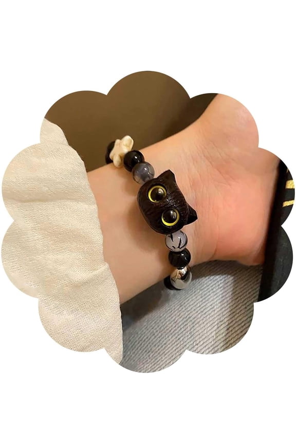 Vintage Cartoon Cat Bracelet - Black Cat Chain with Glass & Acrylic Beads, Stretch Bracelet for Women