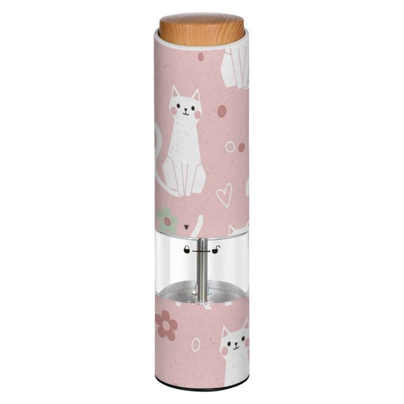 Vintage Cartoon Cat Design on Printed Electric Pepper Mill One-Touch Battery Operated Salt Grinder Adjustable Coarseness Decorative Counter Spice Tool