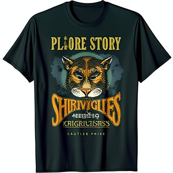 Vintage Cartoon Cat T-Shirt Dark Green Plore Story Design with Whimsical Text