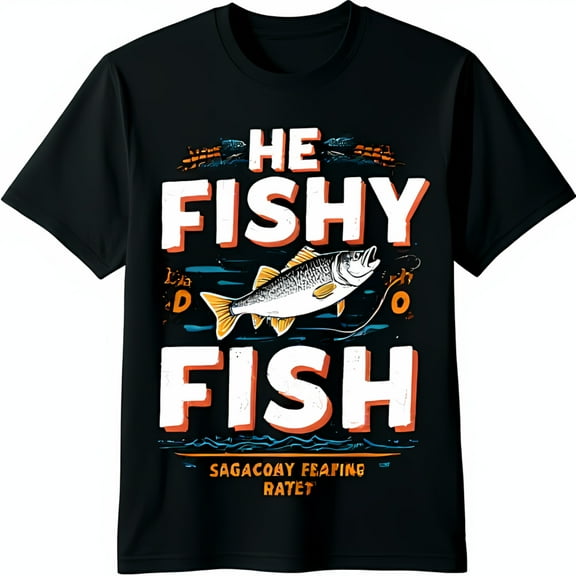Vintage Cartoon Fish Graphic Black T-Shirt 'FISHY' Design with Hook