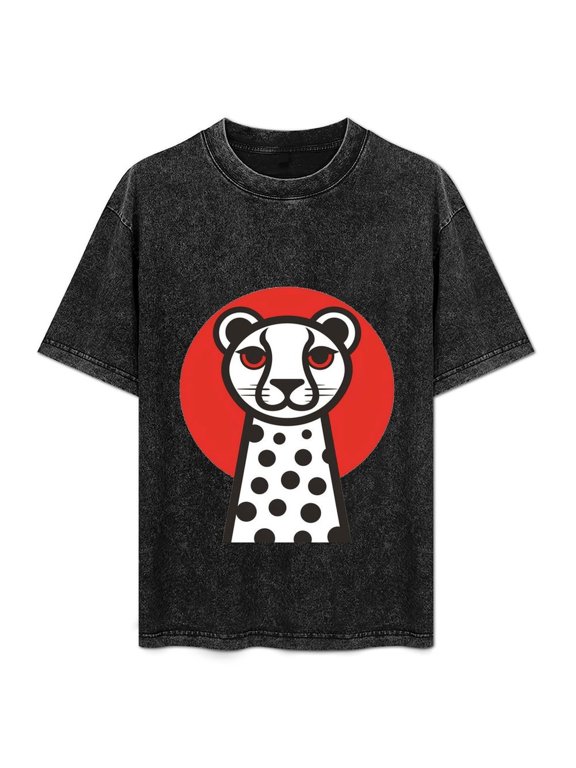 Vintage Cartoon Leopard Head Graphic Tee Retro Red Circle Design Soft Cotton T-Shirt Men Women Streetwear Casual Style