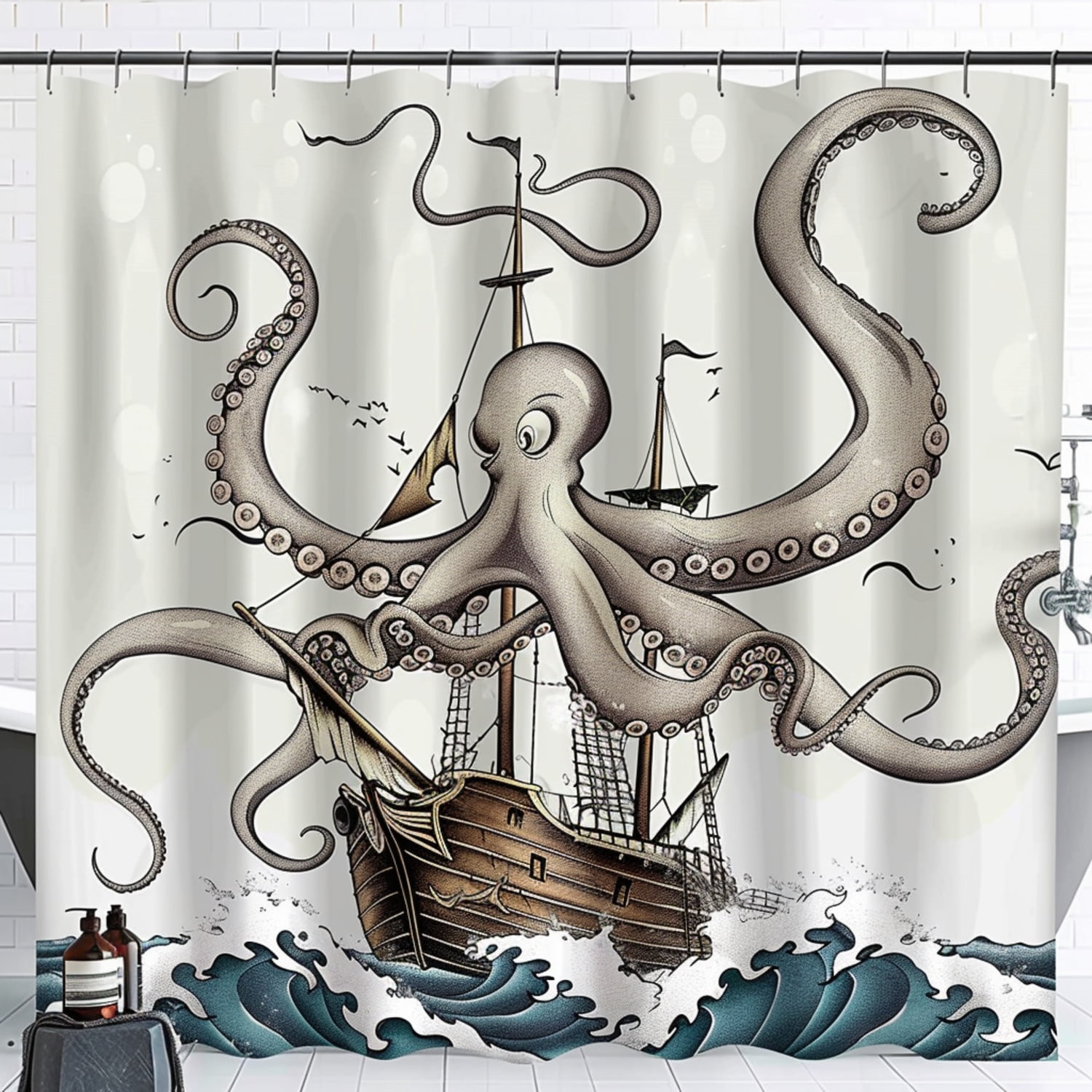 Vintage Cartoon Octopus Attacking Ship Shower Curtain for Bathroom Decor Nautical Theme White