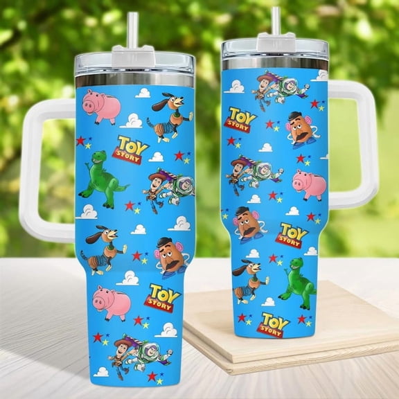 Vintage Cartoon Toys Cloud Tumbler 40oz | Retro Sheriff & Space Ranger Travel Mug with Handle | Nostalgic Movie Fan Gift | Insulated Stainless Steel Drinkware