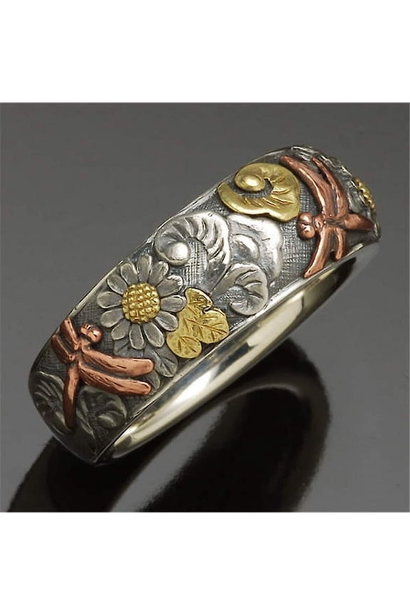 Vintage Carved Alloy Rings, Unisex Insect, Flower, Dragonfly, and Sunflower Designs, Electroplated Finish