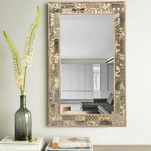 Vintage Carved Fabric Printing Blocks Hand Carved Mirror | Vanity Wall Mirror | Farmhouse Style Distressed Wall Solid Wood Mirror