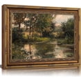 thumbnail image 1 of Vintage Carved Gold Frame Canvas Wall Art 3D Textured Retro Country Farmhouse Painting Picture Wall Decor Green Fores Lake Trees Relief Poster Print Artwork for Living Room Bedroom Home Decoration, 1 of 17