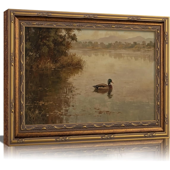 Vintage Carved Gold Frame Mallard Canvas Wall Art,Tranquil Lakeside Nature Wildlife Painting Picture Wall Decor Country Plant Farmhouse Style Poster Print Artwork for Living Room Home Decoration