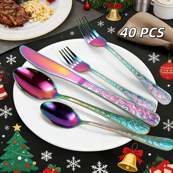 Vintage Carved Golden Stainless Steel Tableware Set for 8-12 People, Knife Fork Spoon, Dishwasher Safe Kitchen & Dining Decor for Family Gatherings