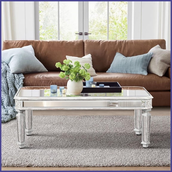 Vintage Carved Mirrored Coffee Table for Living Room & Office - Easy-Clean Silver Glass Top, Sturdy 48W x24D x18H