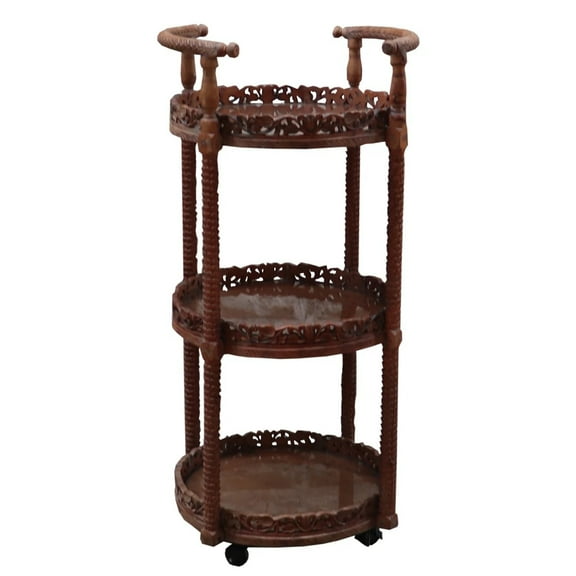 Vintage Carved Round 42" Tall Bar Cart | Victorian Style Elegant Tea Cart | Indian Lattice Carved Trolley | 3-Tier Solid Wood Plant Display