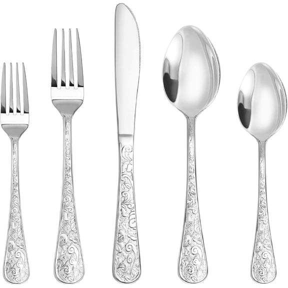 Vintage Carved Stainless Steel 20 Pieces Flatware Set, Silverware Set, Modern Embossed Cutlery Set Utensils Including Fork Spoon and Knife